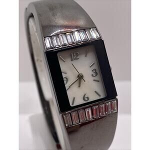 Womens Silver Tone Quartz Cuff Bangle Watch Works New Battery